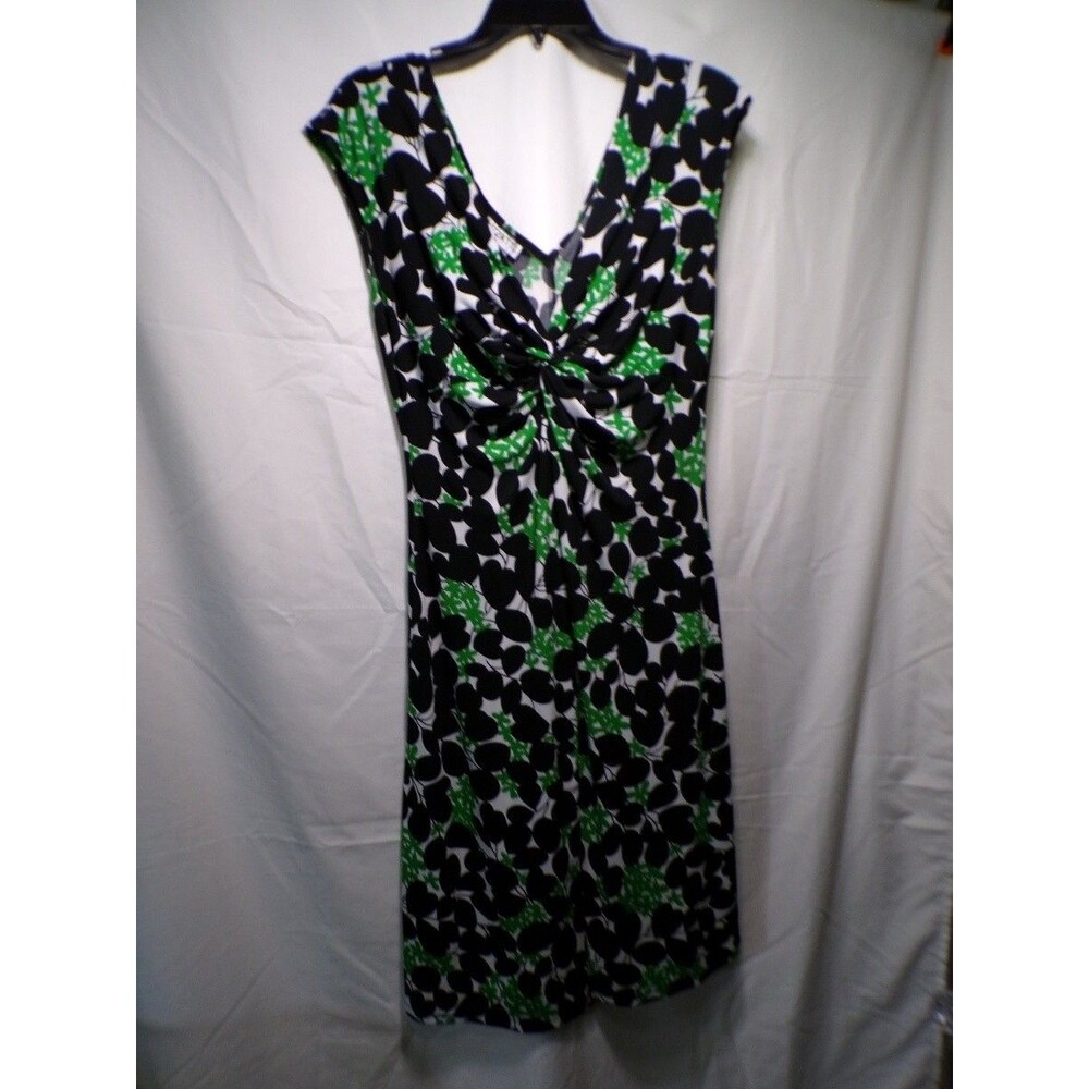 LIZZAT women's size 10 midi sheath dress black green floral ruched v neck